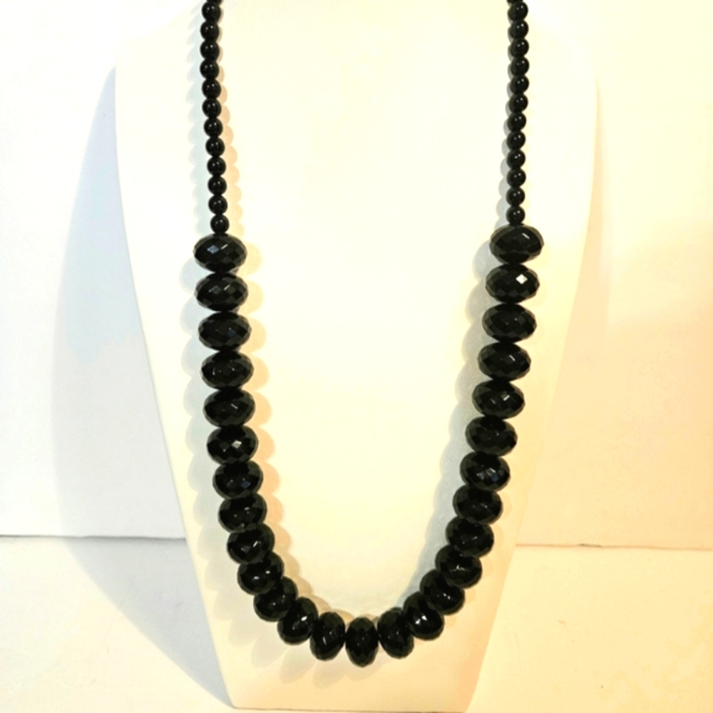 Long Black Strand of Multi-Faceted Oblong Beads 15" Long